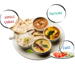 A flat lay shot of a colorful well balanced meal with different food groups clearly visible