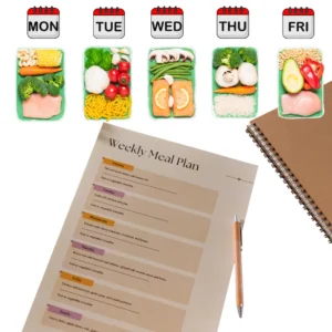 A weekly meal planner template or an organized fridge with pre prepped meals