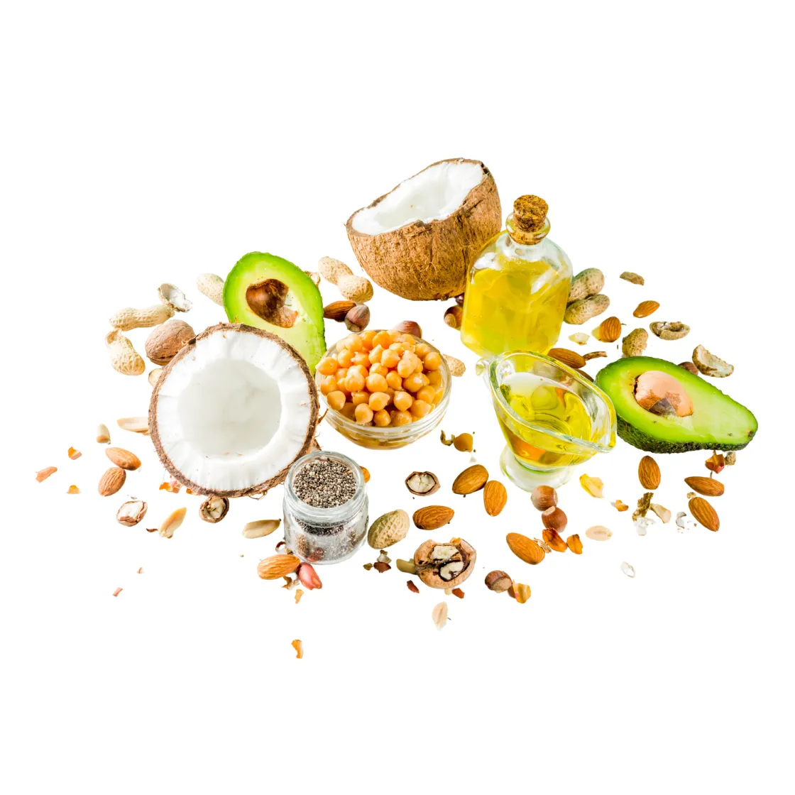 Avocados olive oil nuts salmon displayed attractively