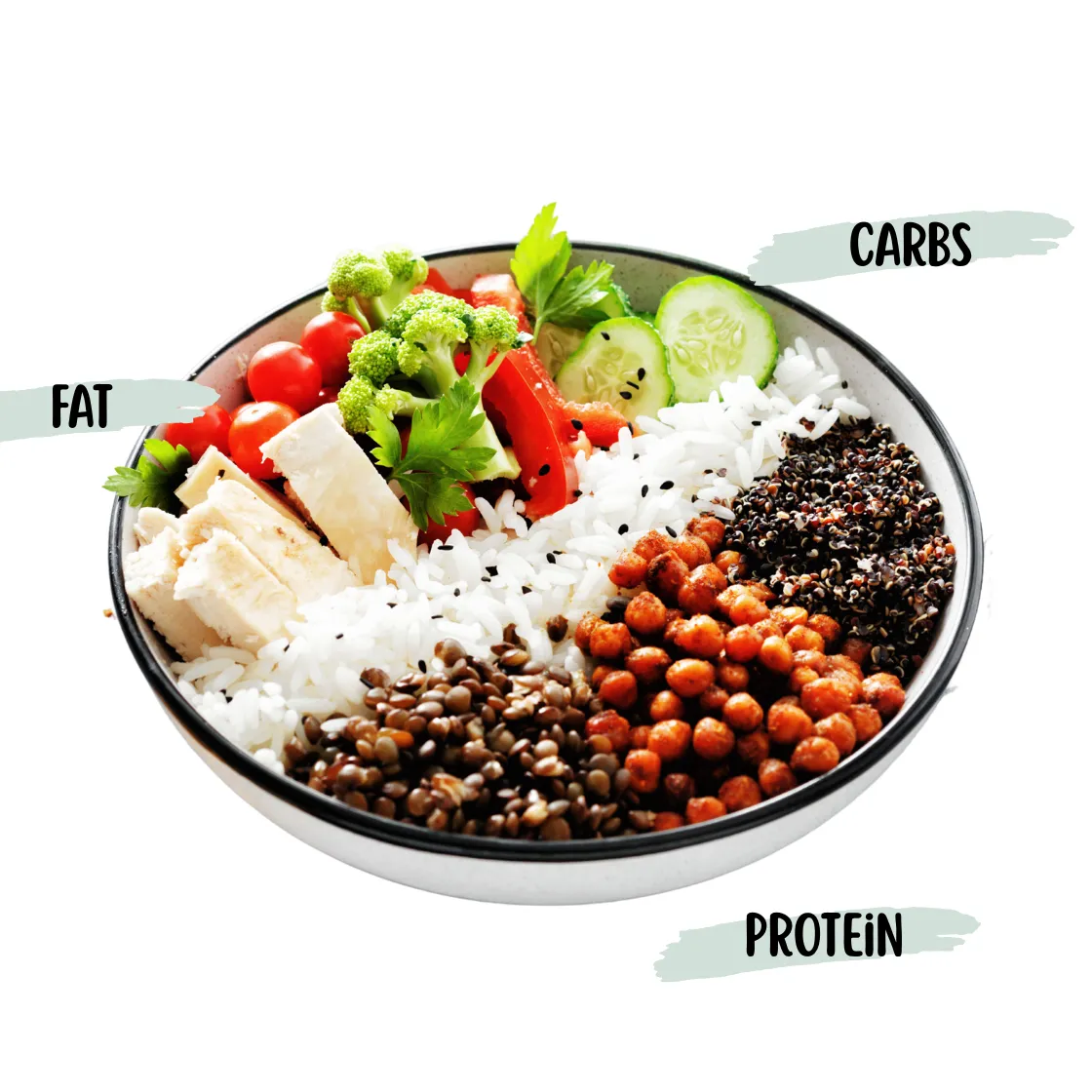 Balanced plate illustration showing a portion of carbs protein healthy fats and vegetables