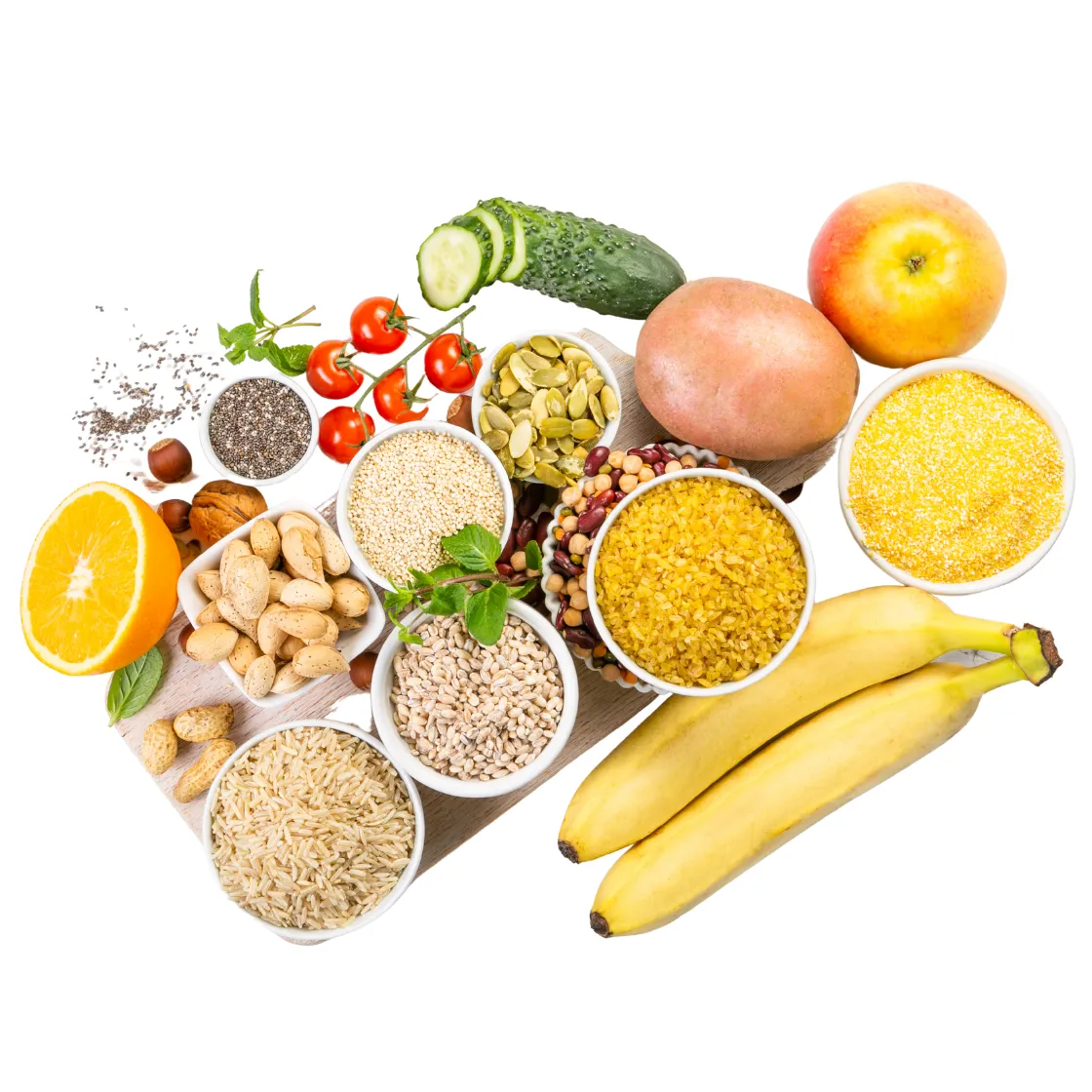 Whole grains sweet potatoes fruits and vegetables in a vibrant display