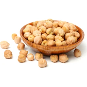 A rustic bowl of roasted chickpeas with spices sprinkled around