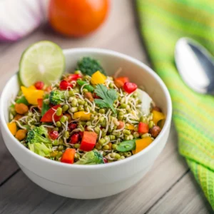 A bowl of sprout salad with lemon wedges on the side.